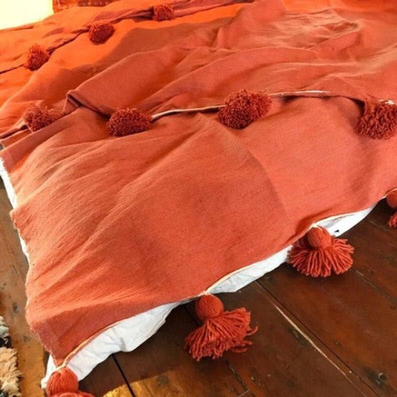 HandmadeBestSeller - Wholesale Throw blanket - Rust Orange Moroccan Pom Pom Blanket - Handmade Cotton2