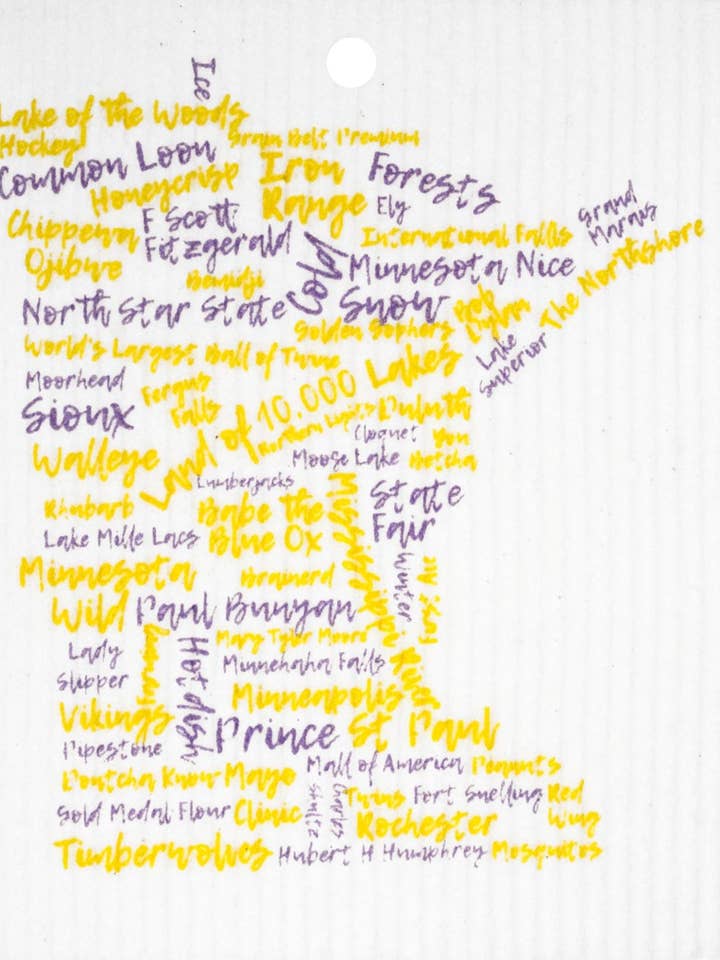 Serviette de toilette suédoise avec mots Minnesota Violet et or pour la vente par Talla Imports