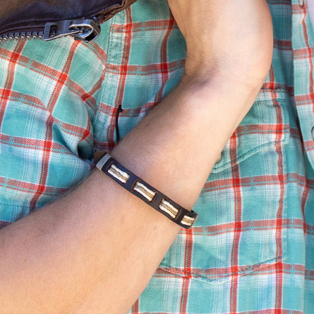 Anju Jewelry - Wholesale Jewelry - Men's - Aadi Cream & Tan Twine Brown Leather Pull Tie Men's Bracelet1