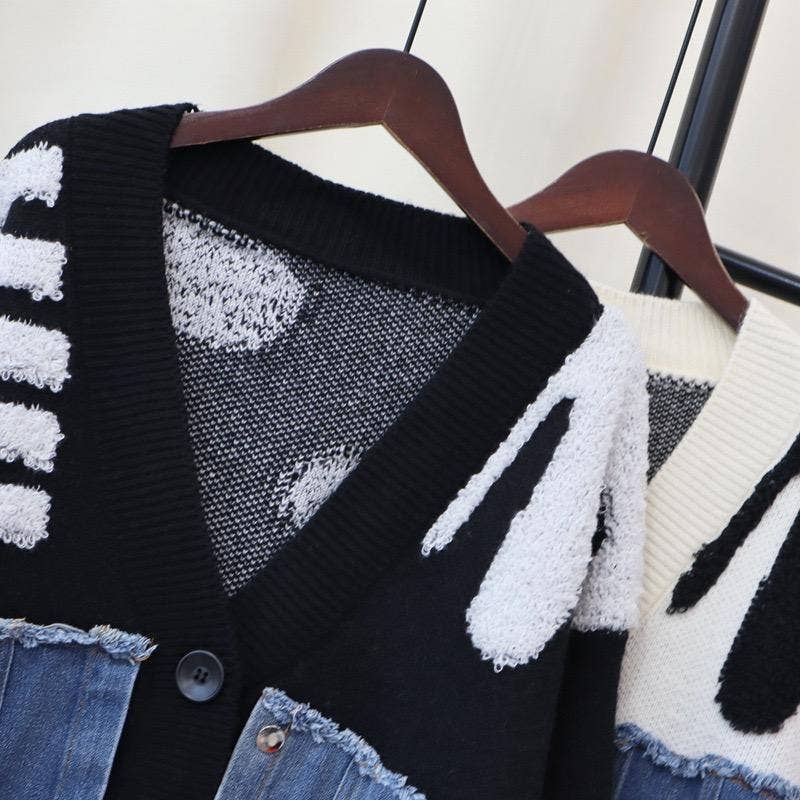 Productseeker - Wholesale Knit Top - Women's - JK104 Patchwork Denim Knitted Cardigan Sweater Jacket6