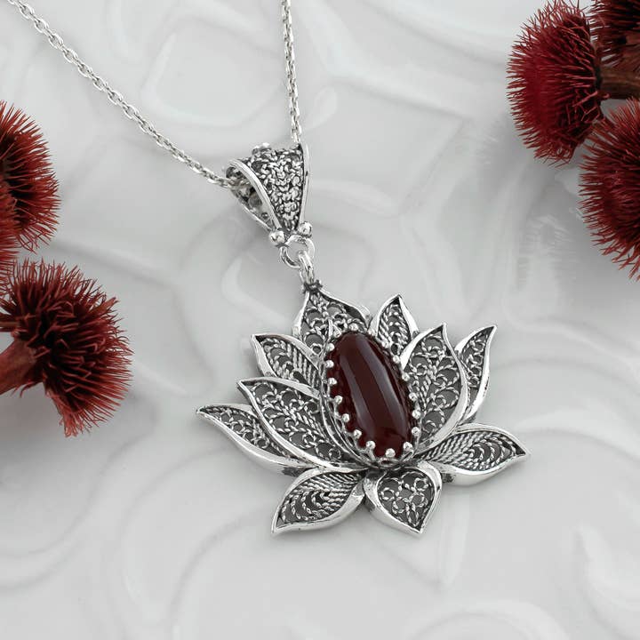 Filigranist Jewelry - Wholesale Pendant/Charm Necklace - Sterling Silver Lotus Carnelian Pendant Necklace3