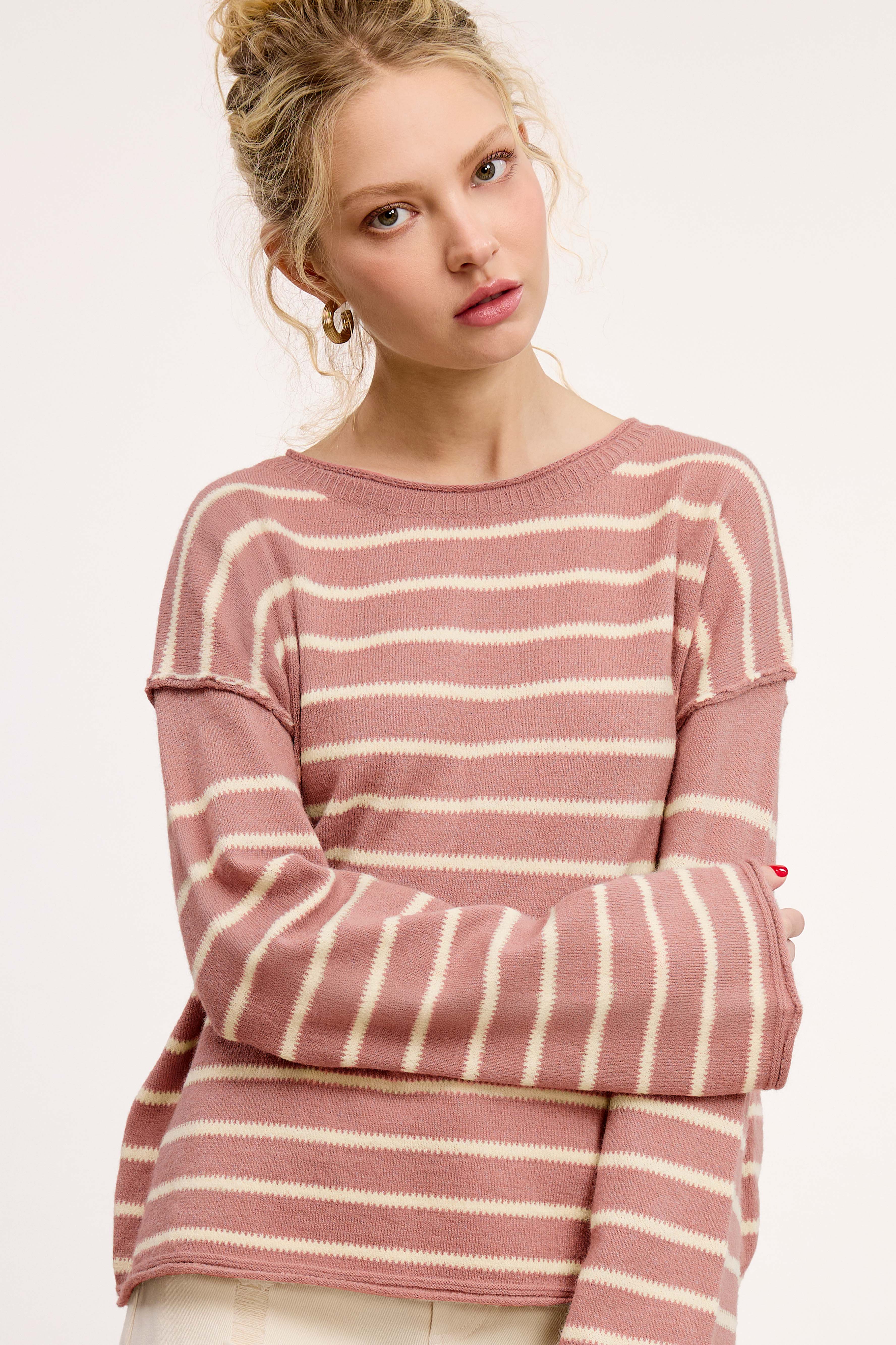 La Miel - Wholesale Knit Sweater - Women's - MCS3588-Striped Round Neck Loose Fit Long Sleeve Sweater11
