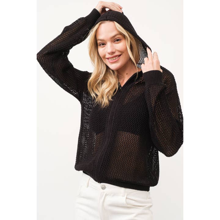 BLACK HQT0001 - Knitted Zip-Up Hooded Cardigan for wholesale on Faire