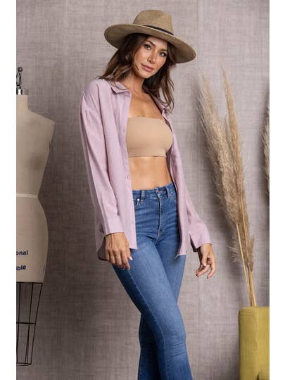 MAUVE COLLAR BUTTON DOWN CUFF LONG SLEEVE TOP-VE60043 for wholesale on Faire