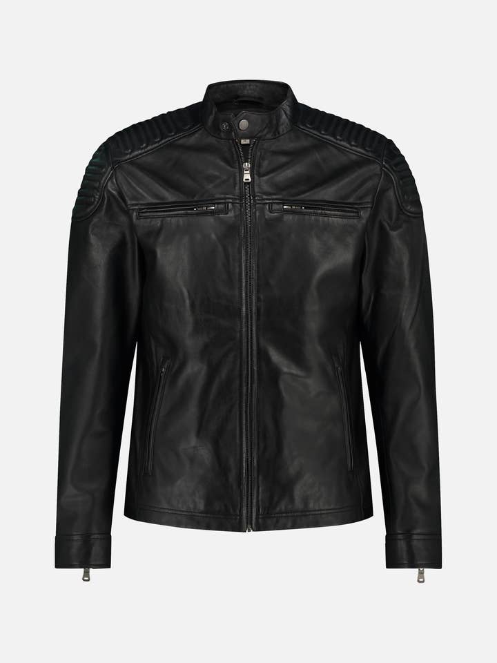 Hobbs | Veste de moto en cuir noir et bleu pour homme pour la vente par Amsterdam Heritage Leather Belts, Bags, Jackets & Apparel