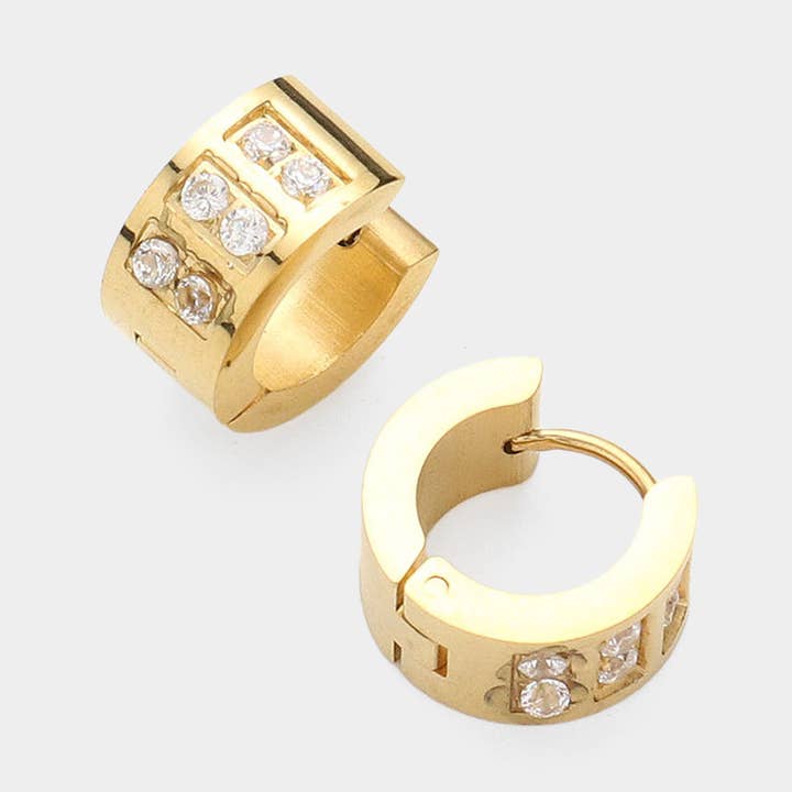 Round CZ Stone Paved Stainless Steel Huggie Hoop Earrings for wholesale by Sensibling Corp.