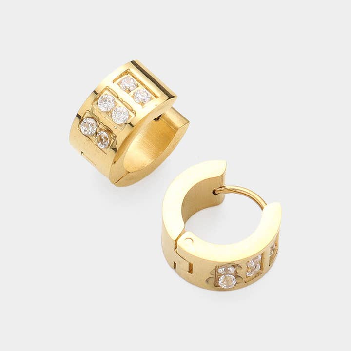 Round CZ Stone Paved Stainless Steel Huggie Hoop Earrings for wholesale by Sensibling Corp.