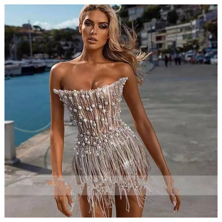 WHITE Suede Fringe Pearl Mini Evening Dress Skirt for wholesale on Faire1