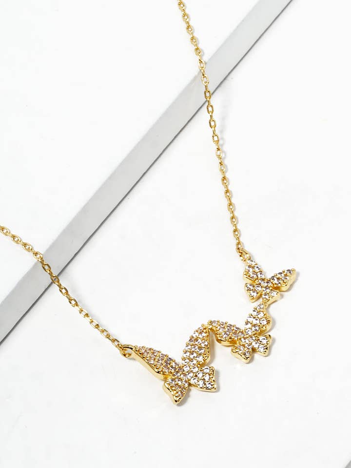 18K Gold Dipped Cz Pave Tri Butterfly Pendant Necklace for wholesale by Wild Honey