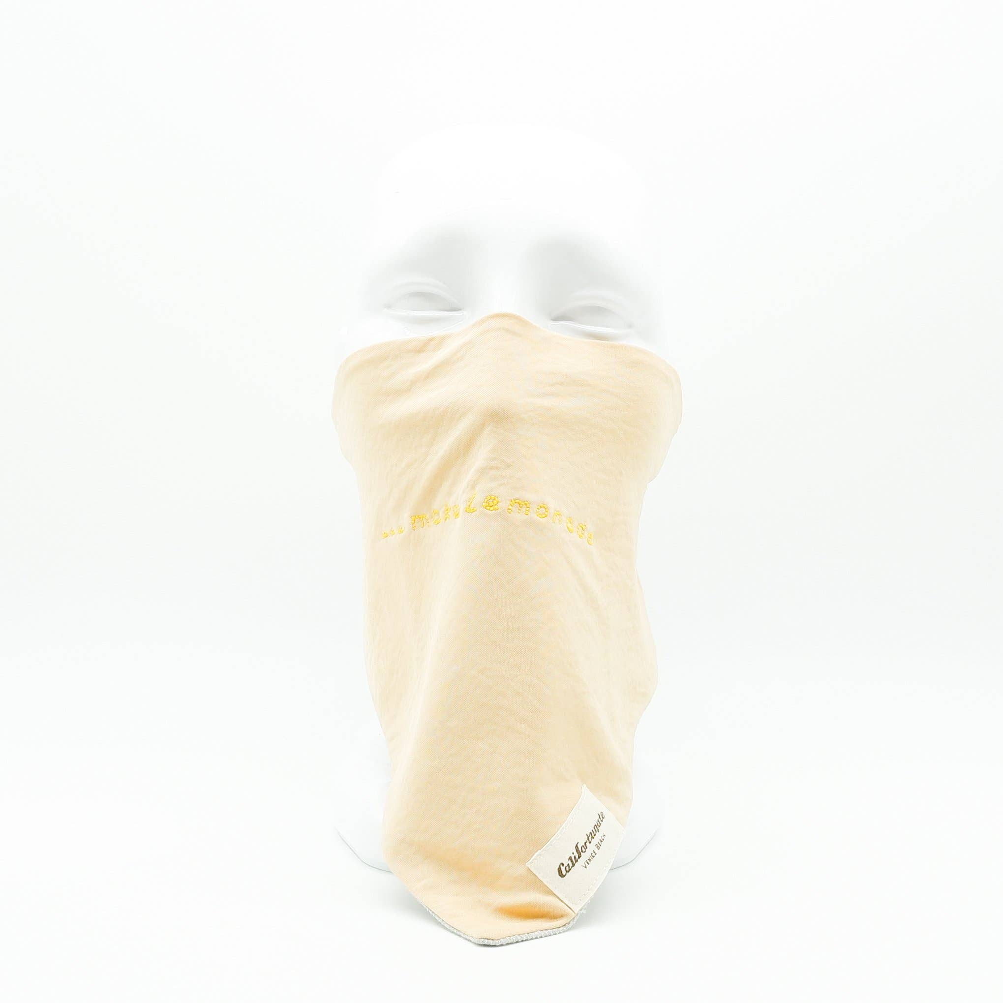 Maskdanna by Califortunate - Wholesale Non-Medical Disposable Mask - MASKDANNA SATIN TAN 'MAKE LEMONADE' HAND STITCH0