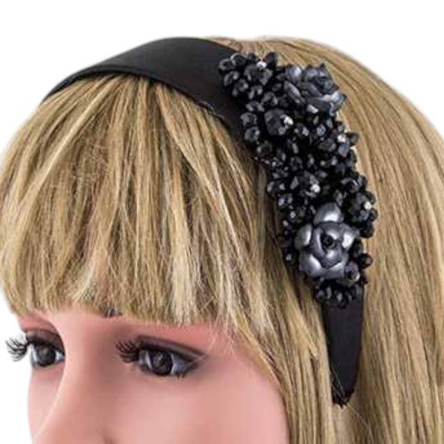 LA Jewelry Plaza - Wholesale Fashion Headband - Women's - Ceramic Flower & Crystal Beads Satin Headband0