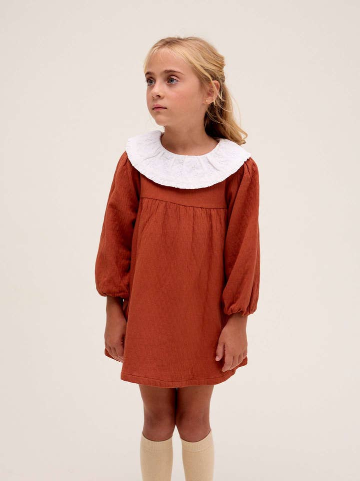 Girl's dress in brick color with long puffed sleeves for wholesale by Dadati