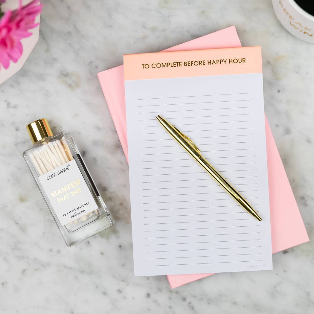 Chez Gagné - Wholesale Notepad - To Complete Before Happy Hour - Lined Notepad  - Sunset Pink - 65 perforated pages - 5x8 1