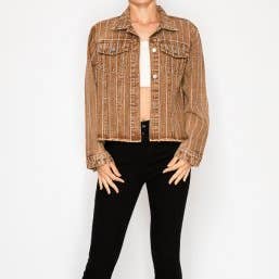 Stunning Denim Jacket With Stripe Sparkles - 4768SW BROWN for wholesale by Origami Apparel ~ Lace and Crochet inspired