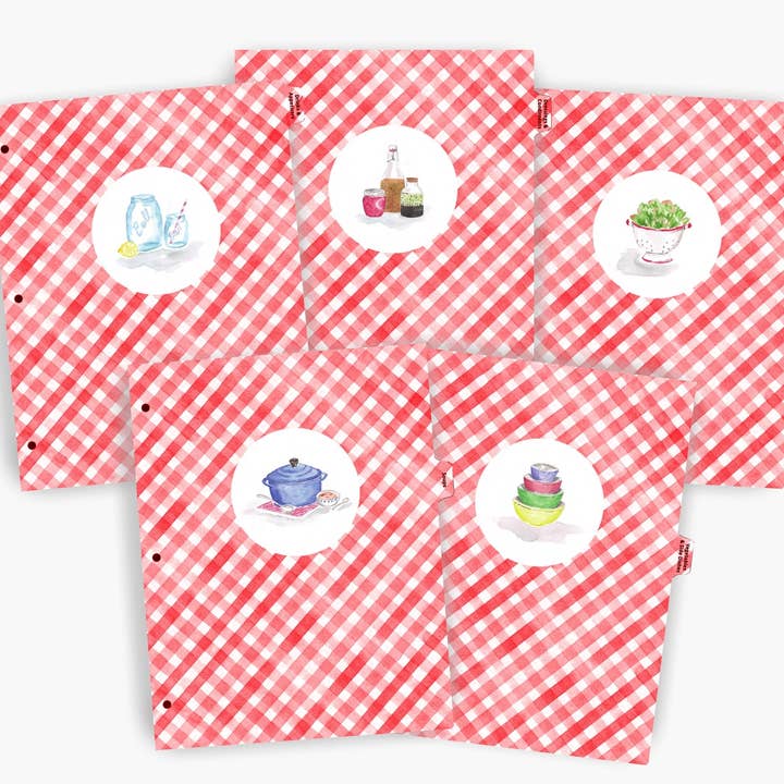 Recipe Binder Tab Dividers -Red Gingham watercolor for wholesale by Rural Girl Studio