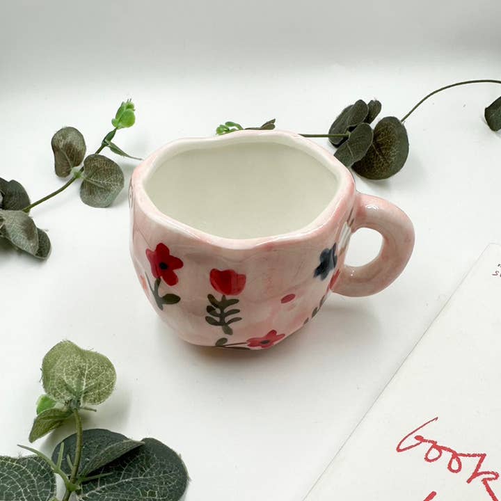 Chow's Stories – wholesale Coffee mug – Pink flower ceramic mug and saucer, Folk hand painted mug6