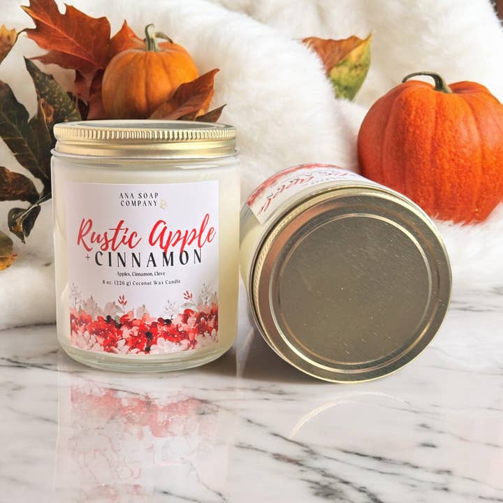 Ana Soap Company - Wholesale Jar/Filled Candle - Rustic Apple+Cinnamon-8oz Clear Glass Coconut Candle 2