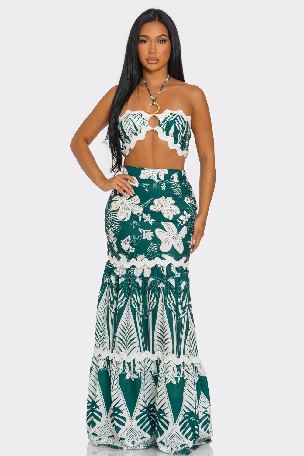 Green HCCTD63369SET&2PC HALTER CORSET & LAYERED MACRAME PRINT MAXI for wholesale on Faire1