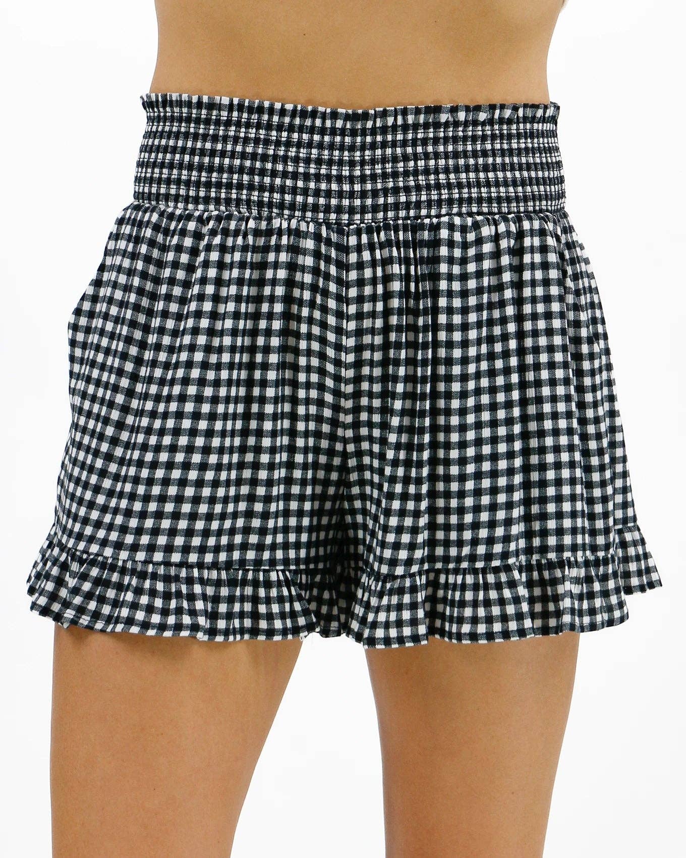 Smocked Summer Shorts in Black Gingham for wholesale on Faire7