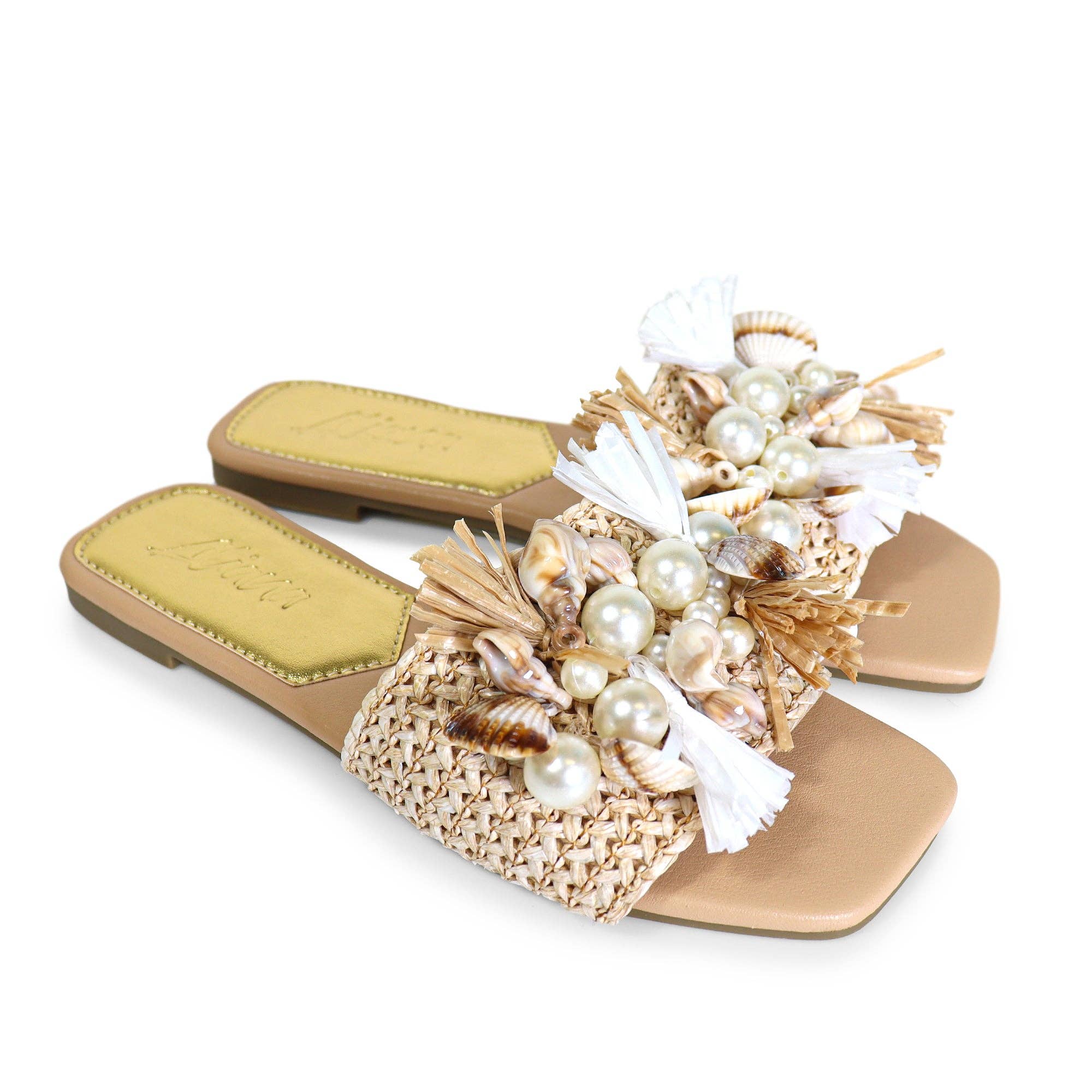 Naturel LEXI-1 SANDALE PLATE EN RAFFIA DE PLAGE AVEC COQUILLAGE ET PERLE NATURELLE en vente sur Faire1