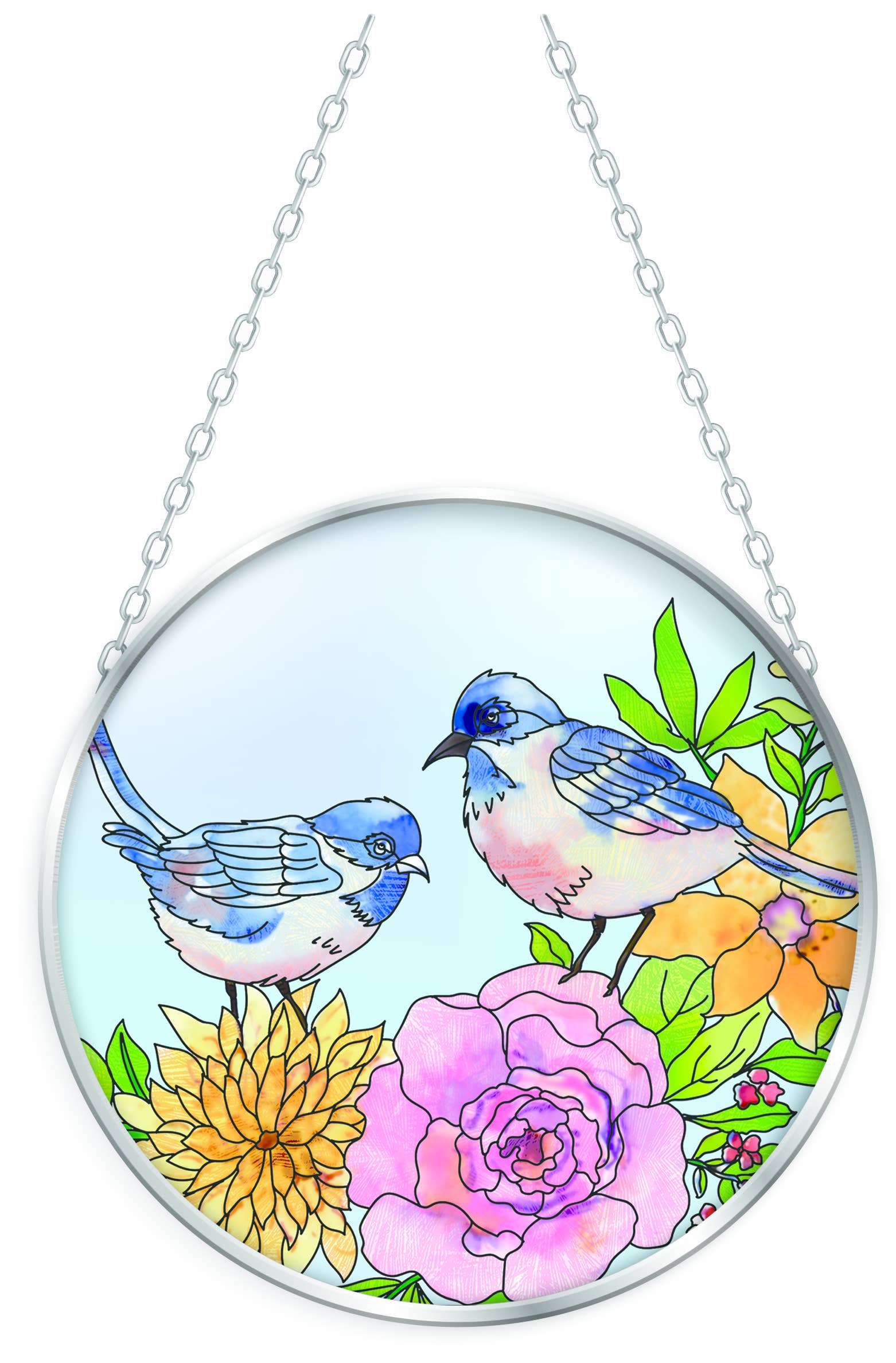 Bridgeton Hall – wholesale Suncatcher – Blue Bird Rose - 4.5" Medium Glass Circle Suncatcher