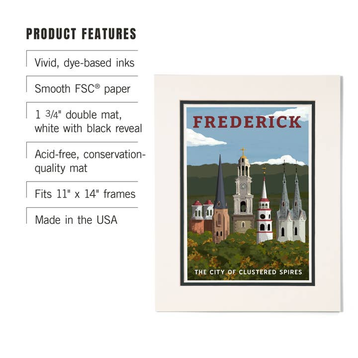 Lantern Press - Wholesale Art Print - MATTED PRINTS Frederick, MD, City of Clustered Spires