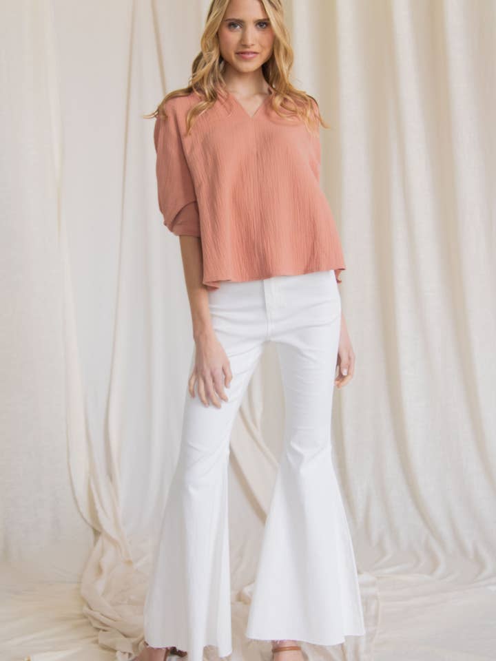 Gauze 3/4 Sleeve V Neck Top for wholesale by Before You Collection