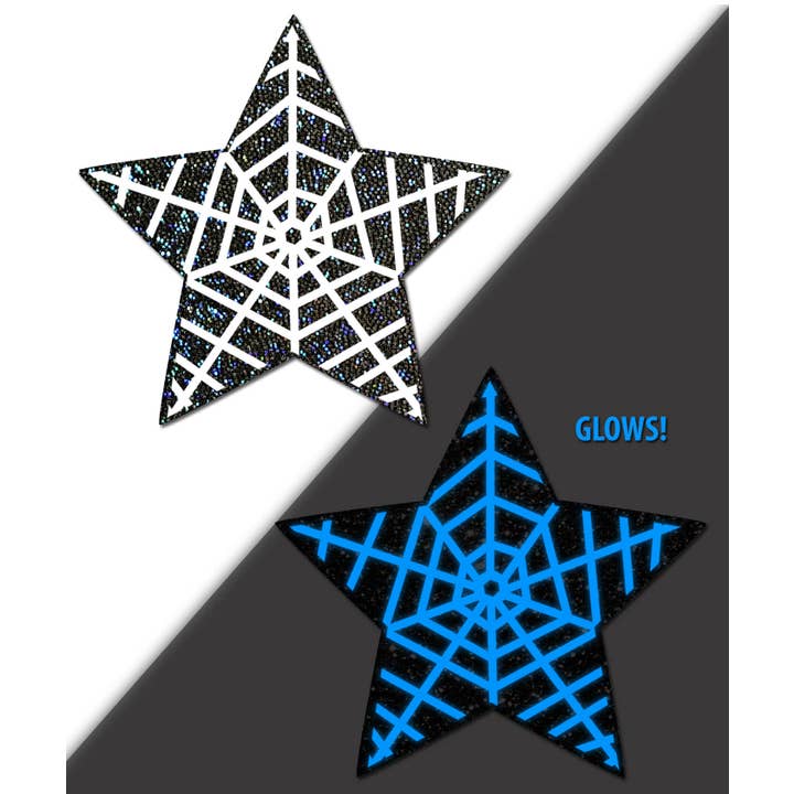 Pastease® - Wholesale Tepelcovers - Dames - Zwarte glitter met Glow in the Dark Web Ster Nipple Pasteitjes