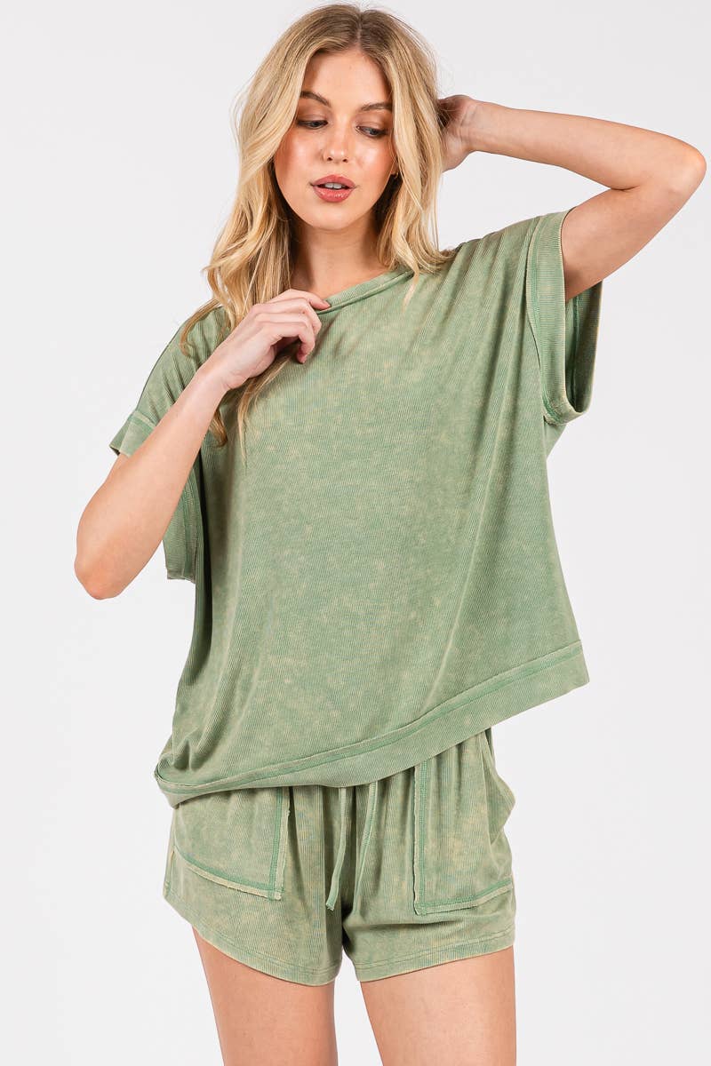 Sewn and Seen - Wholesale Lounge Set - Women's - MINERAL WASHED TOP AND SHORTS RIB SET 28