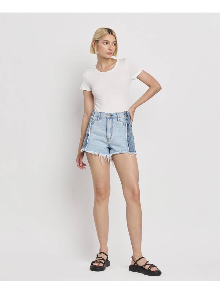 FUTURESTIC HIGH RISE TWO TONE PATCH DENIM SHORTS BY4330 for wholesale on Faire4