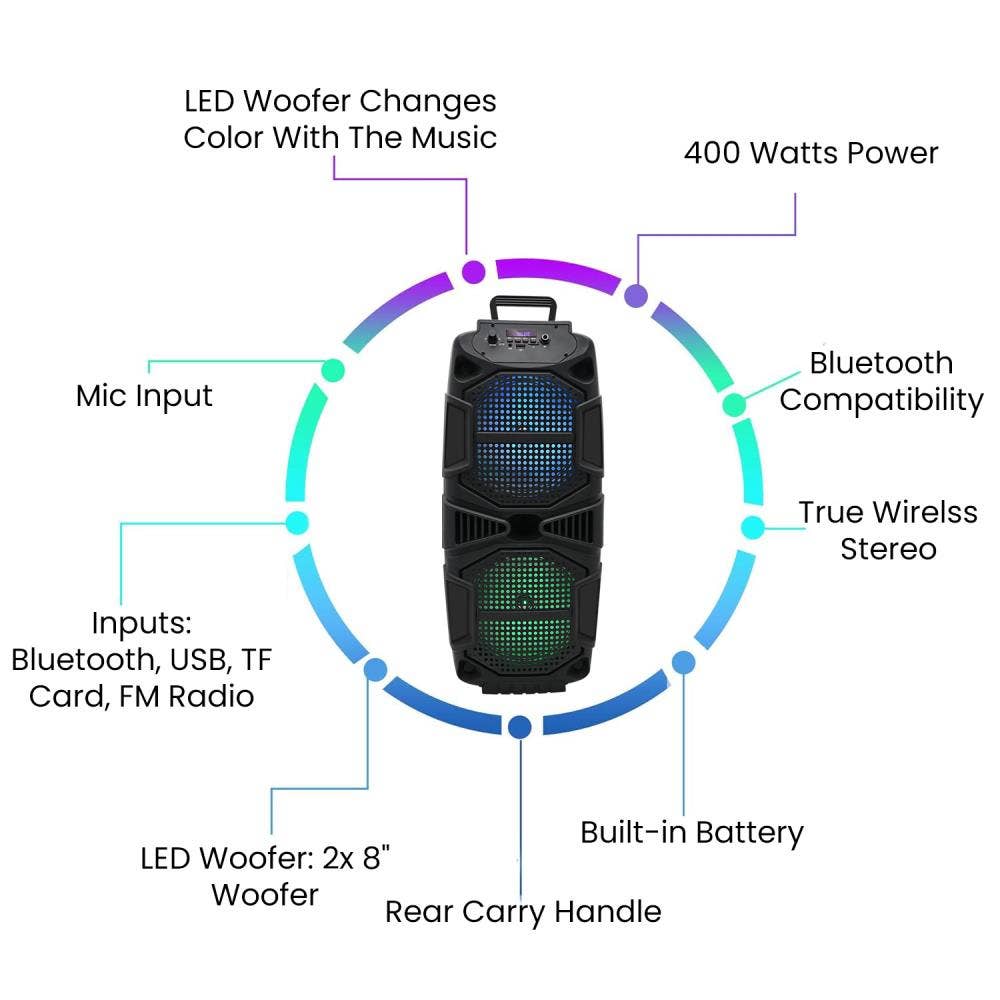 Technical Pro - Wholesale Speakers - 1000 Watts Rechargeable Bluetooth Speaker - 8" LED Woofers3