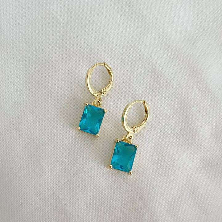 True by Kristy Jewelry - Wholesale Huggie Earrings - Presley Blue Baguette Huggie Hoops Gold Filled Earrings