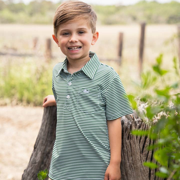Inshore Boys Performance Polo Green Stripe for wholesale on Faire