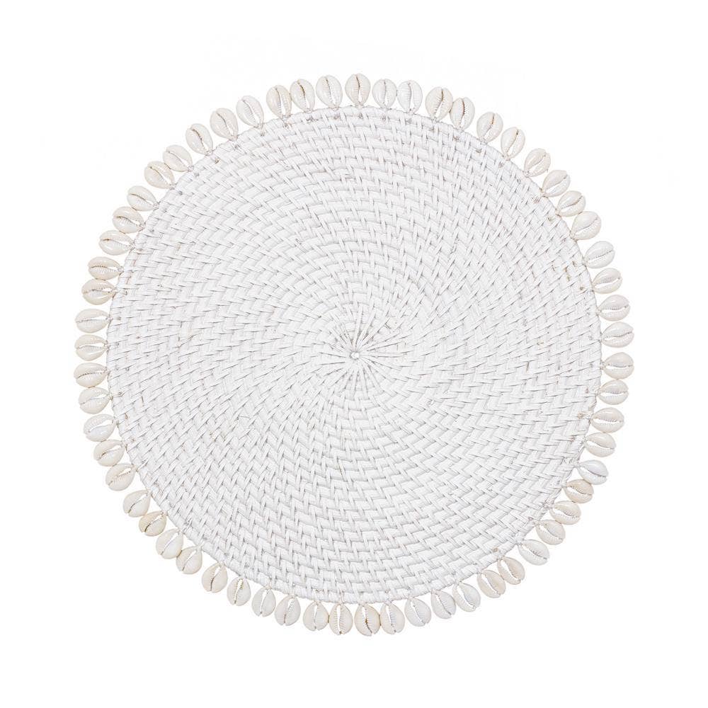 Bali Harvest - Venta al por mayor Manteles individuales - Mantel individual de ratán con concha de cowrie, color blanco