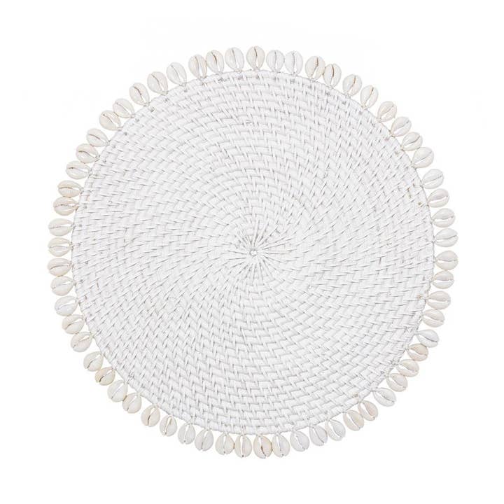 Rattan Placemat with Cowrie Shell - White Boho Straw Raffia for wholesale by Bali Harvest