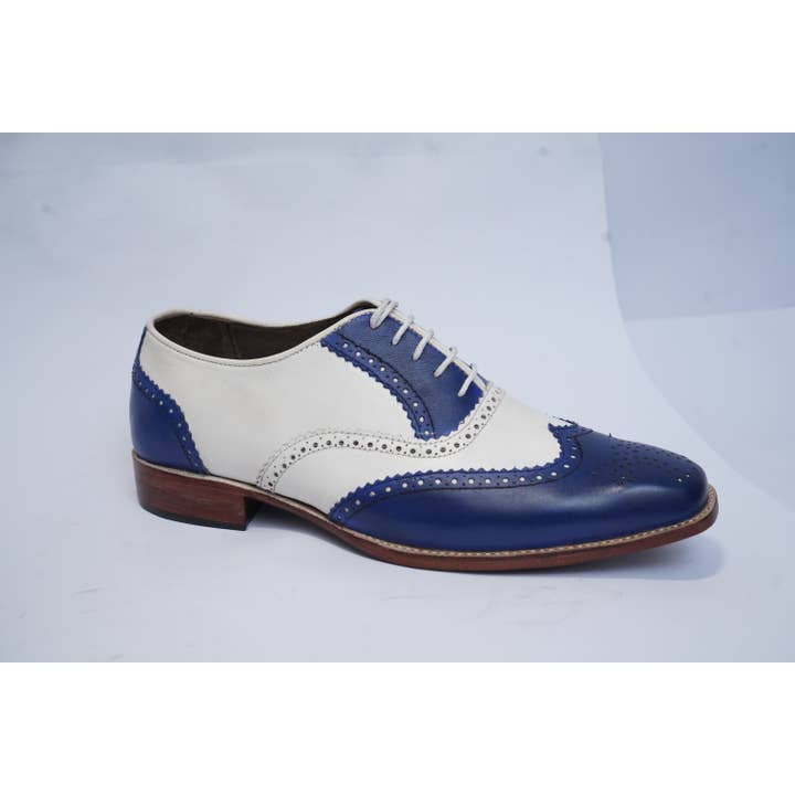 Handmade Men's Blue & White Leather Brogue Spectator Shoes for wholesale by The Royale Leather