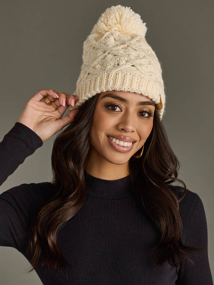 Cream Knit Pom Hat for wholesale by Panache Apparel Co.