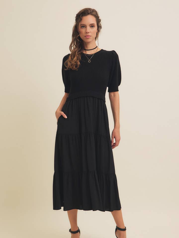 in february - Wholesale Dress - Women's - MIXED MEDIA SWEATER MIDI DRESS WITH WOVEN SKIRT