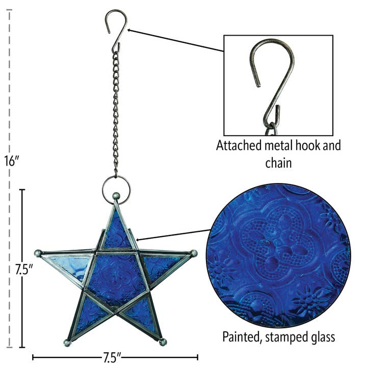 In the Breeze, LLC. - Wholesale Candle Holder - Blue 5-Point Star Hanging Tealight Lantern