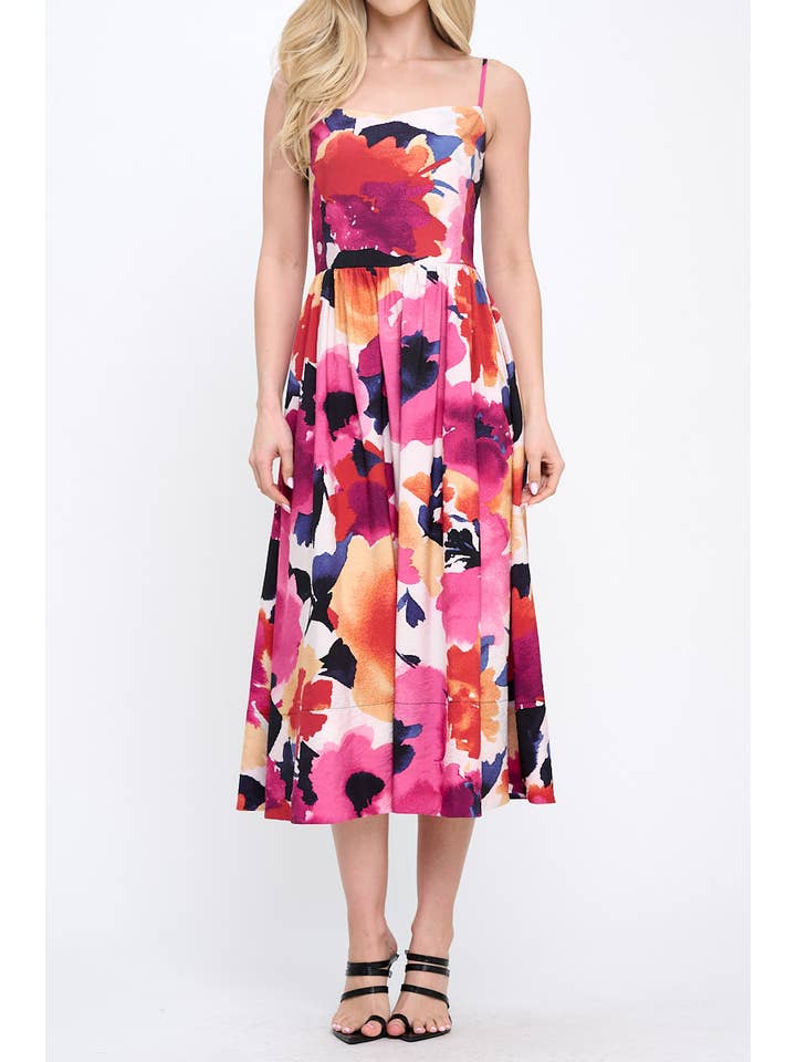 Pink coral Made in USA Floral Print Midi Dress with Smock Back Detail for wholesale on Faire