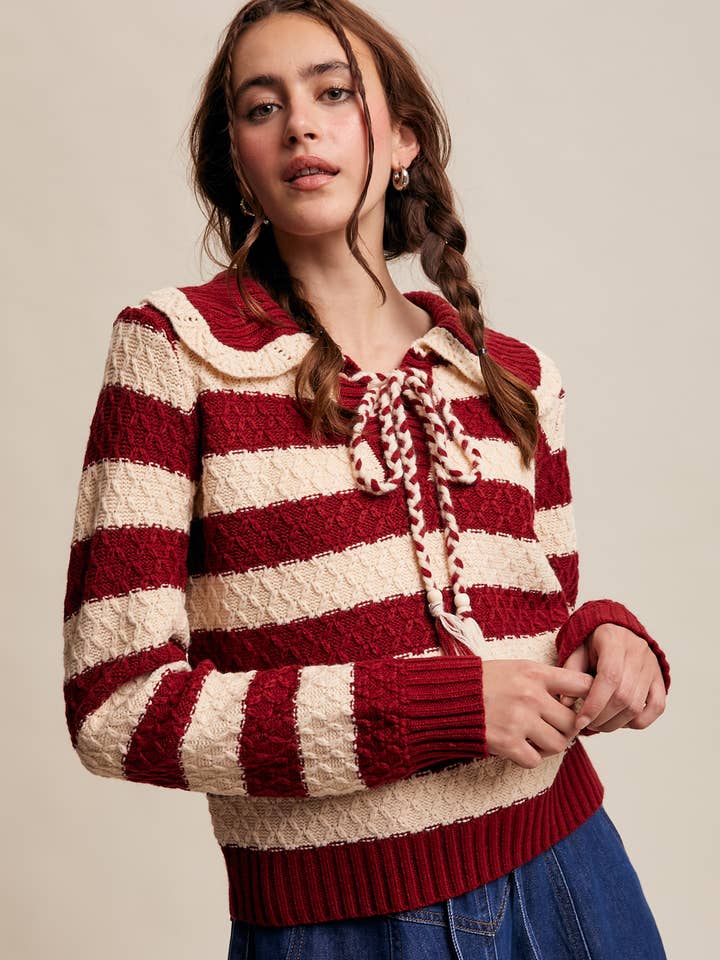 Jersey de punto a rayas con cuello y lazo con borlas para venta al por mayor de Listicle
