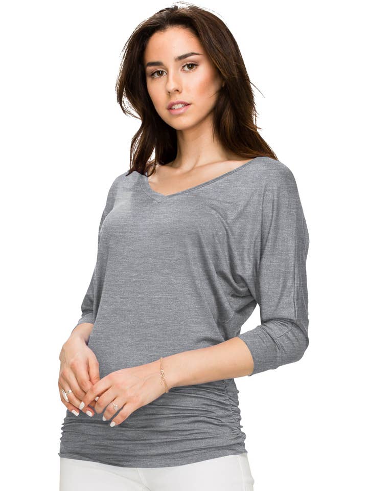 WT1036 Women's V-Neck 3/4 Sleeve Drape Dolman Shirt Top with Side Shirring for wholesale by MBJ FASHION