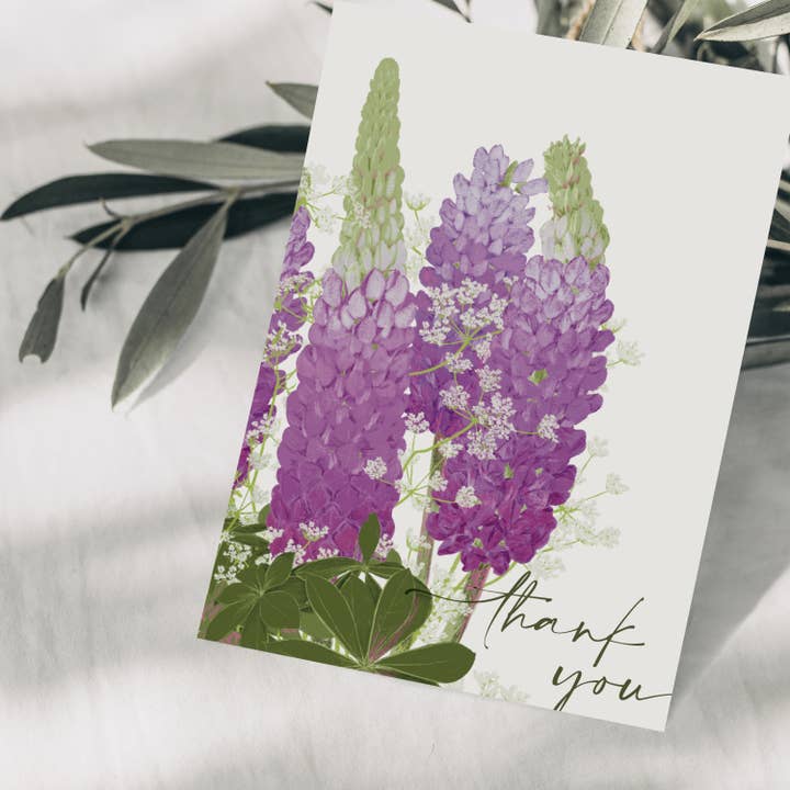 Wildblumen Atelier - Vendita all'ingrosso Biglietti di ringraziamento - Cartolina di ringraziamento con fiori selvatici viola, certificata FSC1