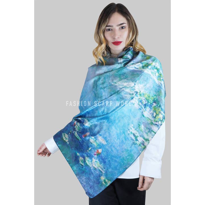 Blue Claude Monet Water Lily Print Scarf for wholesale on Faire