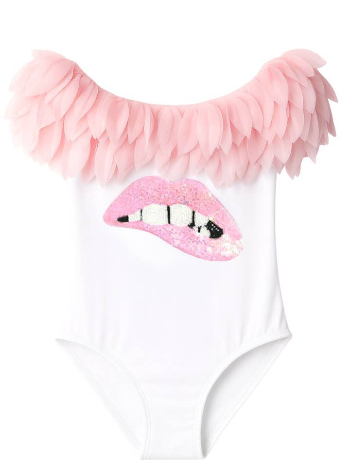 White Swimsuit with Pink Petals & Lip Sequin for wholesale by Stella Cove