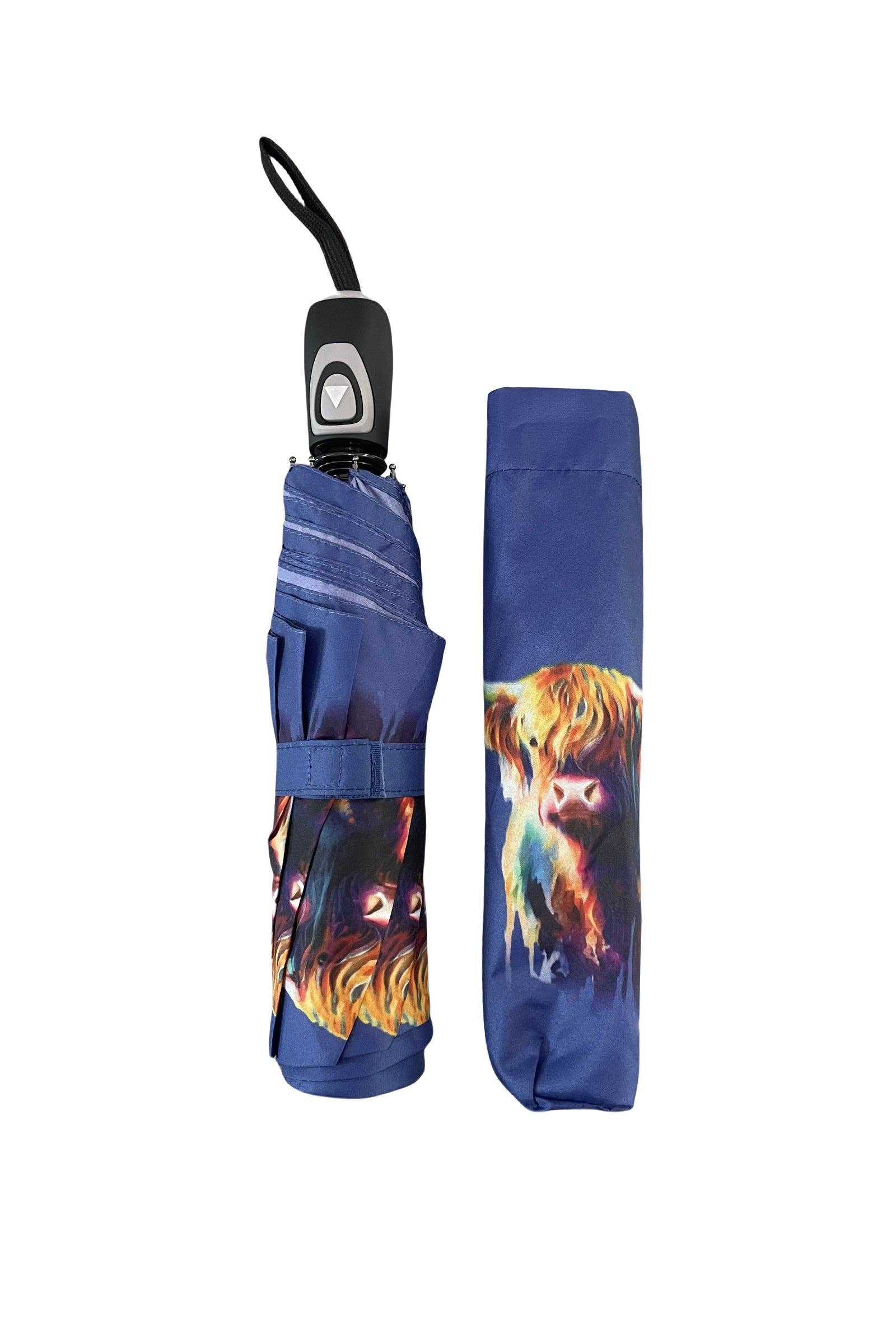 Blue Scottish Highland Cow Umbrella (Short) for wholesale on Faire1