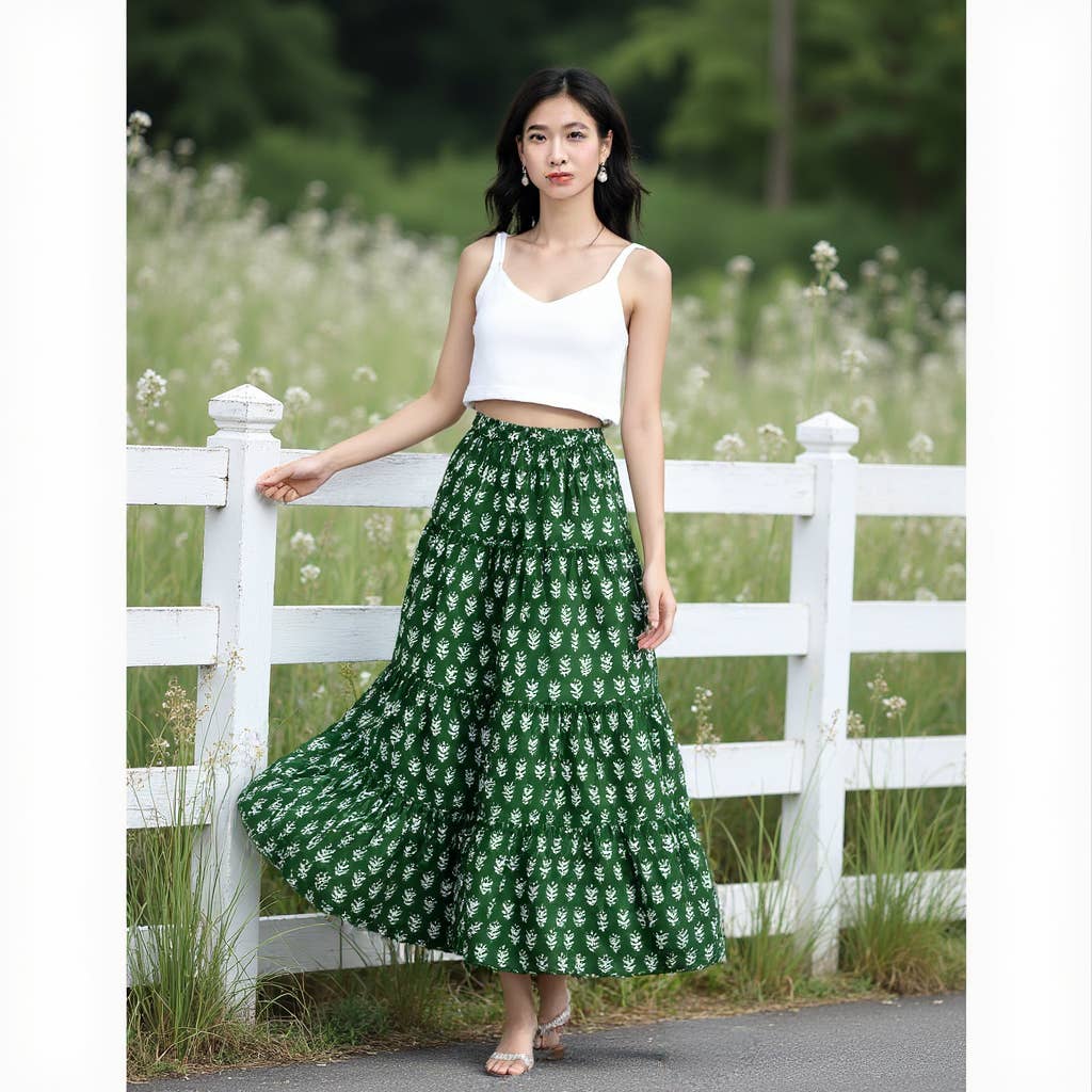 The Indian Bazaar - Wholesale Skirt – Women’s - Tiered Skirt - Boho Gypsy Skirt - Green Peace Block Print