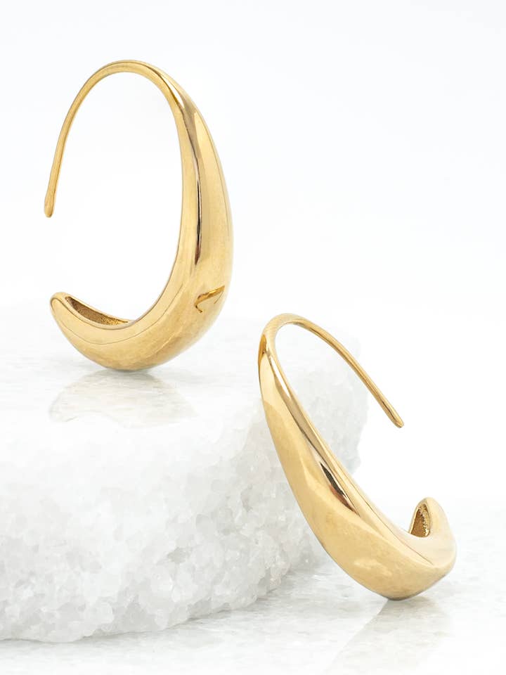 Crescent Moon Thread Drop Earrings in gold- 14K Gold Plated Huggie Hoop Earrings for wholesale by Starfish Project, Inc