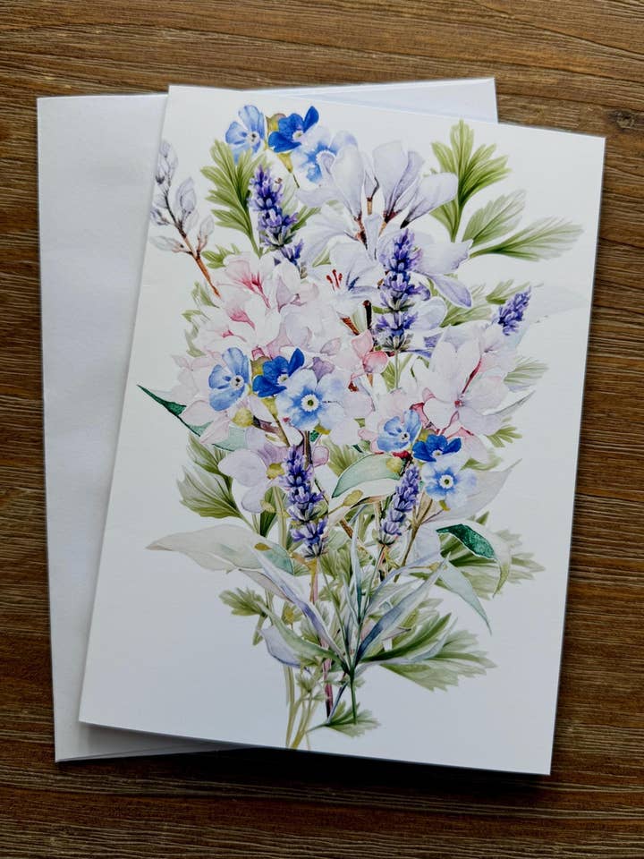 Bouquet di fiori selvatici, biglietto d'auguri vuoto, biglietto per tutte le occasioni, adesivo abbinato al biglietto. per la vendita all'ingrosso da parte di Christina’s Designs, LLC