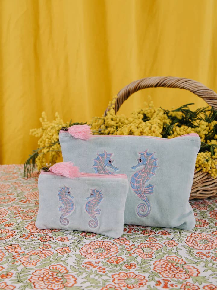 Velvet Seahorse Pouch - Pink & Blue for wholesale by Pink Lemons Ltd